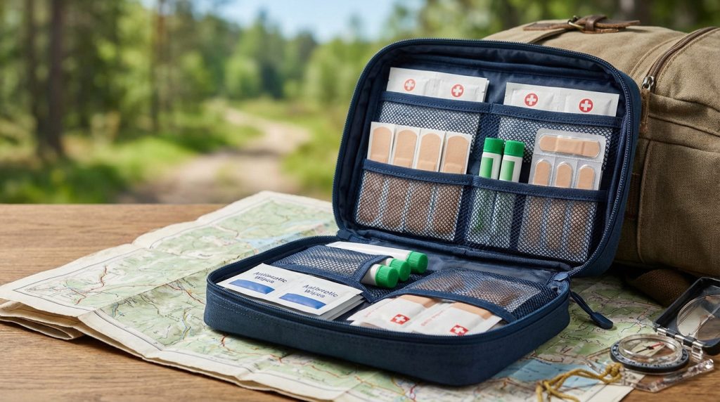 An open, organized travel first aid kit with medical supplies on a map, next to a backpack and compass, in a blurred forest setting.