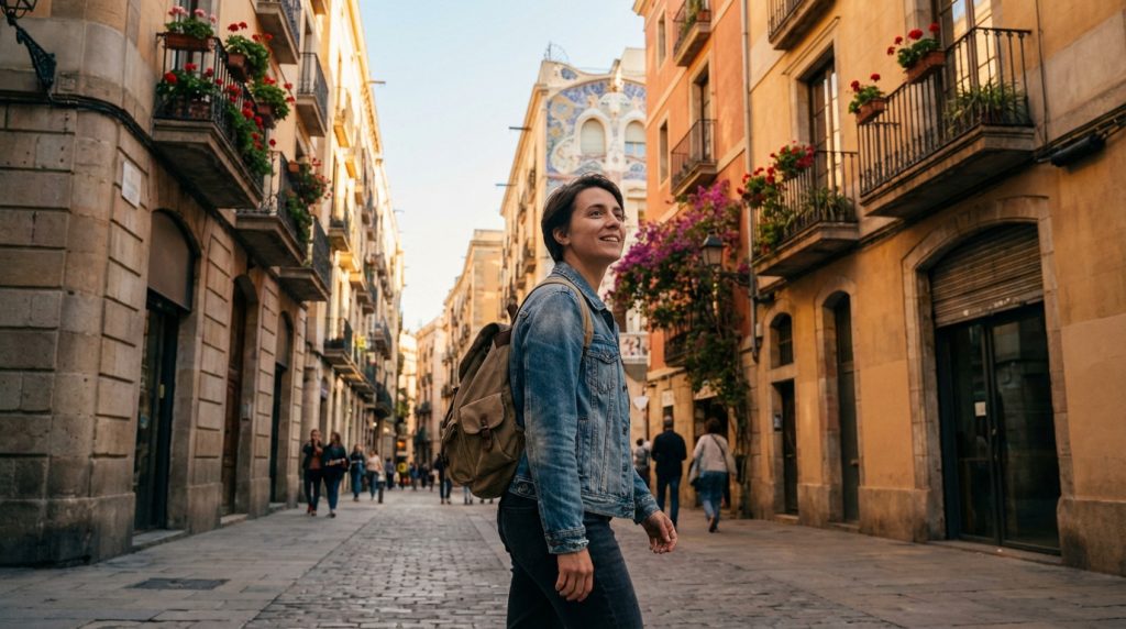 A person with a backpack smiles while walking on a charming, sunlit Barcelona street with ornate balconies and historic buildings.
