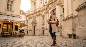 A solo female traveler in a trench coat and boots stands in a cobblestone European square, admiring grand baroque architecture, with a cozy cafe nearby.
