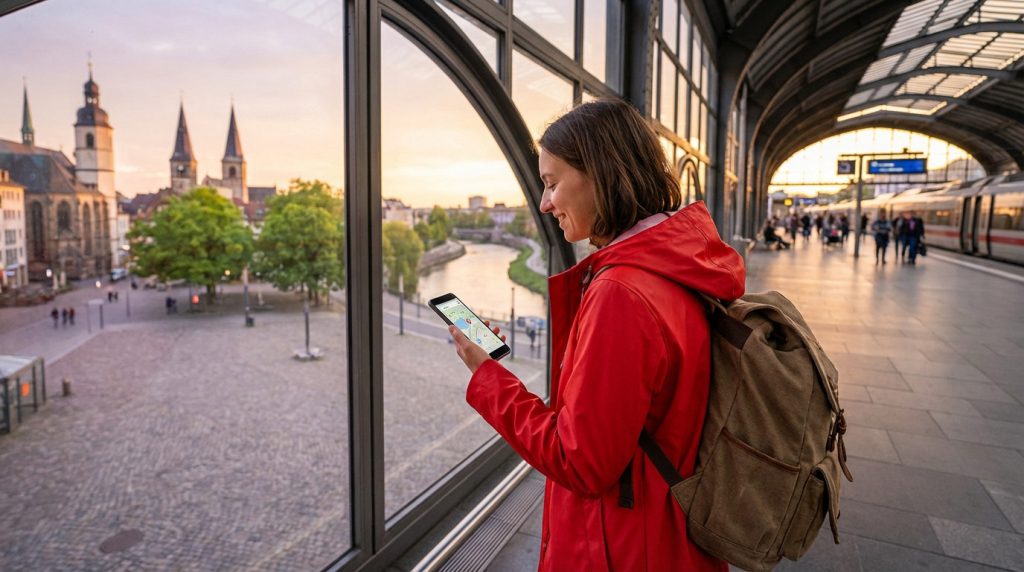 A solo traveler in a red jacket and backpack checks her phone on a European train platform, with a picturesque cityscape and river at sunset.
