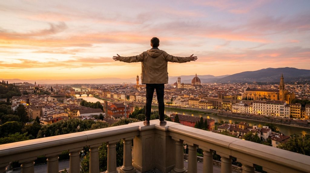 Young adult on a viewpoint, arms wide, gazing at Florence's sprawling cityscape bathed in a vibrant sunset. Freedom and discovery.