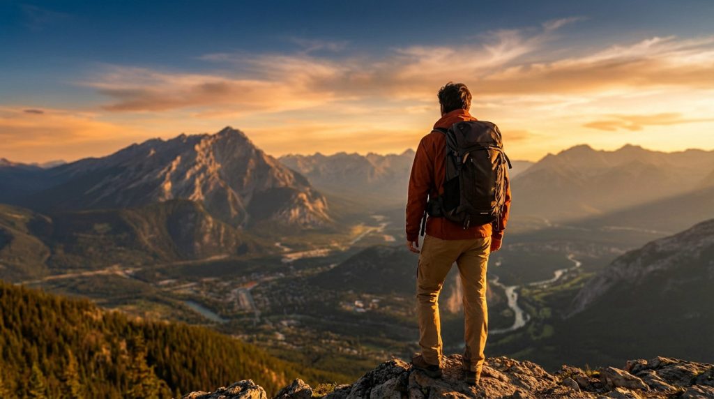 Anonymous figure with backpack on mountain peak at golden hour, overlooking a vast, sunlit valley. Conveys freedom and adventure.