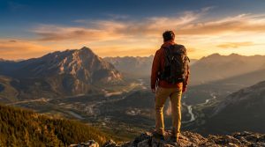 Anonymous figure with backpack on mountain peak at golden hour, overlooking a vast, sunlit valley. Conveys freedom and adventure.