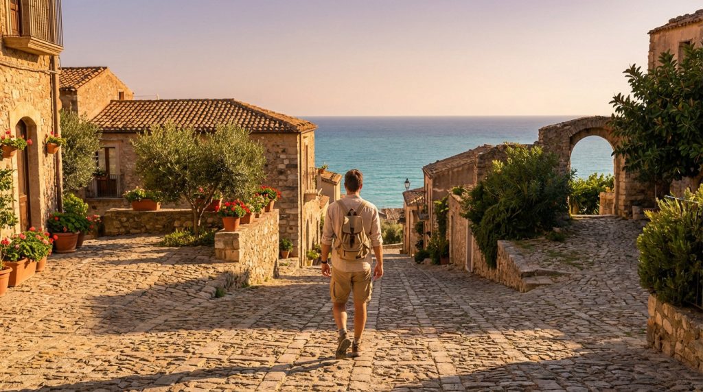Person walking on a sun-drenched cobblestone path towards the azure Mediterranean Sea in a Sicilian coastal town at golden hour.