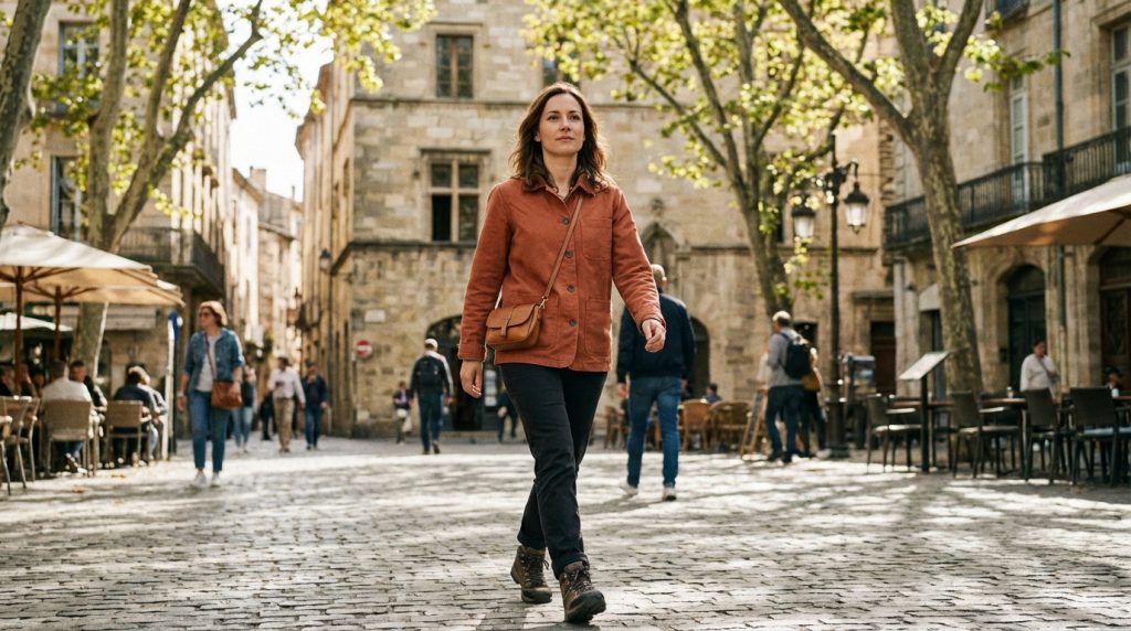 A confident woman in a terracotta jacket and dark pants walks purposefully on a sunlit cobblestone street in a historic European city.