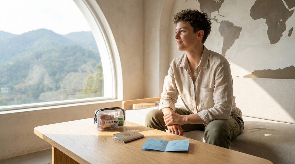 A gender-neutral figure looks confidently out a window at mountains, beside a table with a passport, first aid kit, and medical document, with a world map on the wall.
