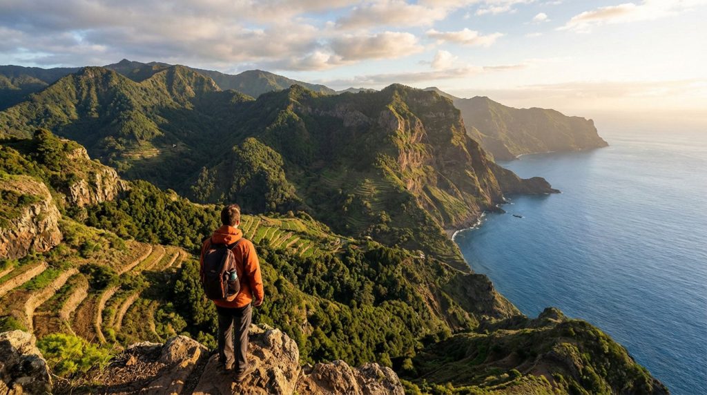 Back view of a hiker in an orange jacket overlooking Madeira's verdant mountains and the vast Atlantic Ocean at golden hour.