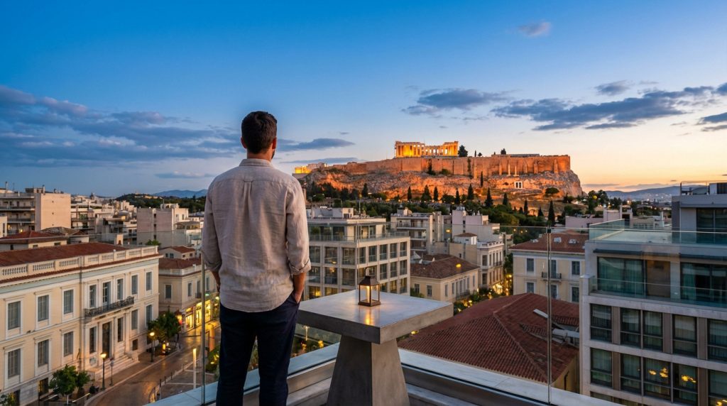 A solo traveler on a modern Athens rooftop terrace views the majestically lit Acropolis at sunset, surrounded by the city.