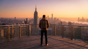 A solo traveler with a backpack stands on a rooftop deck, gazing at the New York City skyline during a vibrant golden hour sunset.