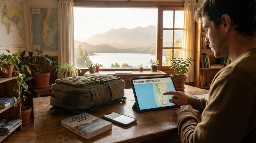 Man planning a Patagonia trip on a tablet at a wooden desk with a backpack, guide book, and phone. Scenic mountain lake view.