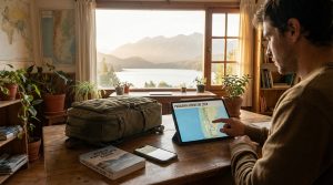 Man planning a Patagonia trip on a tablet at a wooden desk with a backpack, guide book, and phone. Scenic mountain lake view.