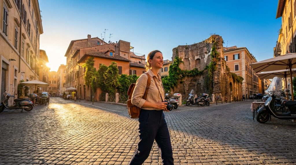 Woman smiles, walking on a sunlit cobblestone street in Rome during golden hour, with historic buildings and ancient ruins.