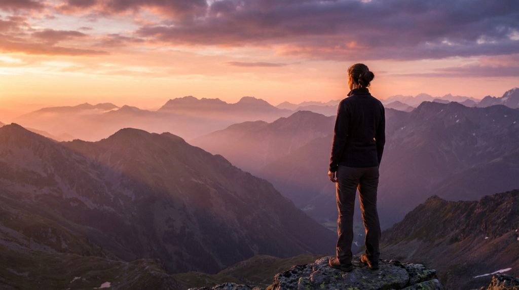 A woman from behind stands on a mountain peak, gazing at a vast landscape of peaks and valleys under a vibrant golden hour sky.
