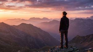 A woman from behind stands on a mountain peak, gazing at a vast landscape of peaks and valleys under a vibrant golden hour sky.