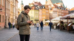 A gender-neutral traveler in a green jacket and backpack looks at a smartphone on a sunlit, cobblestone street with colorful buildings and people in the background.