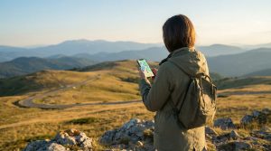 A solo traveler from behind, wearing an olive jacket and backpack, views a map on a smartphone at a scenic mountain viewpoint with rolling hills and a winding road under a warm sky.