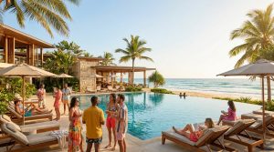 Diverse individuals relax and socialize at a modern, sunlit tropical resort with a large pool and ocean views.