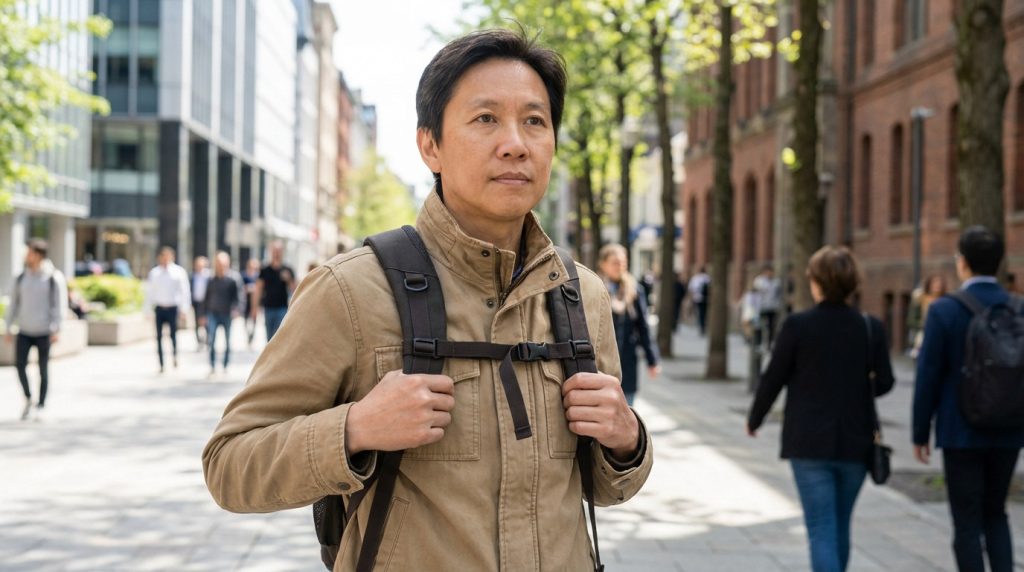 Medium shot of an Asian man in a beige jacket and backpack, observing a busy, sunlit city street with a calm, focused expression.