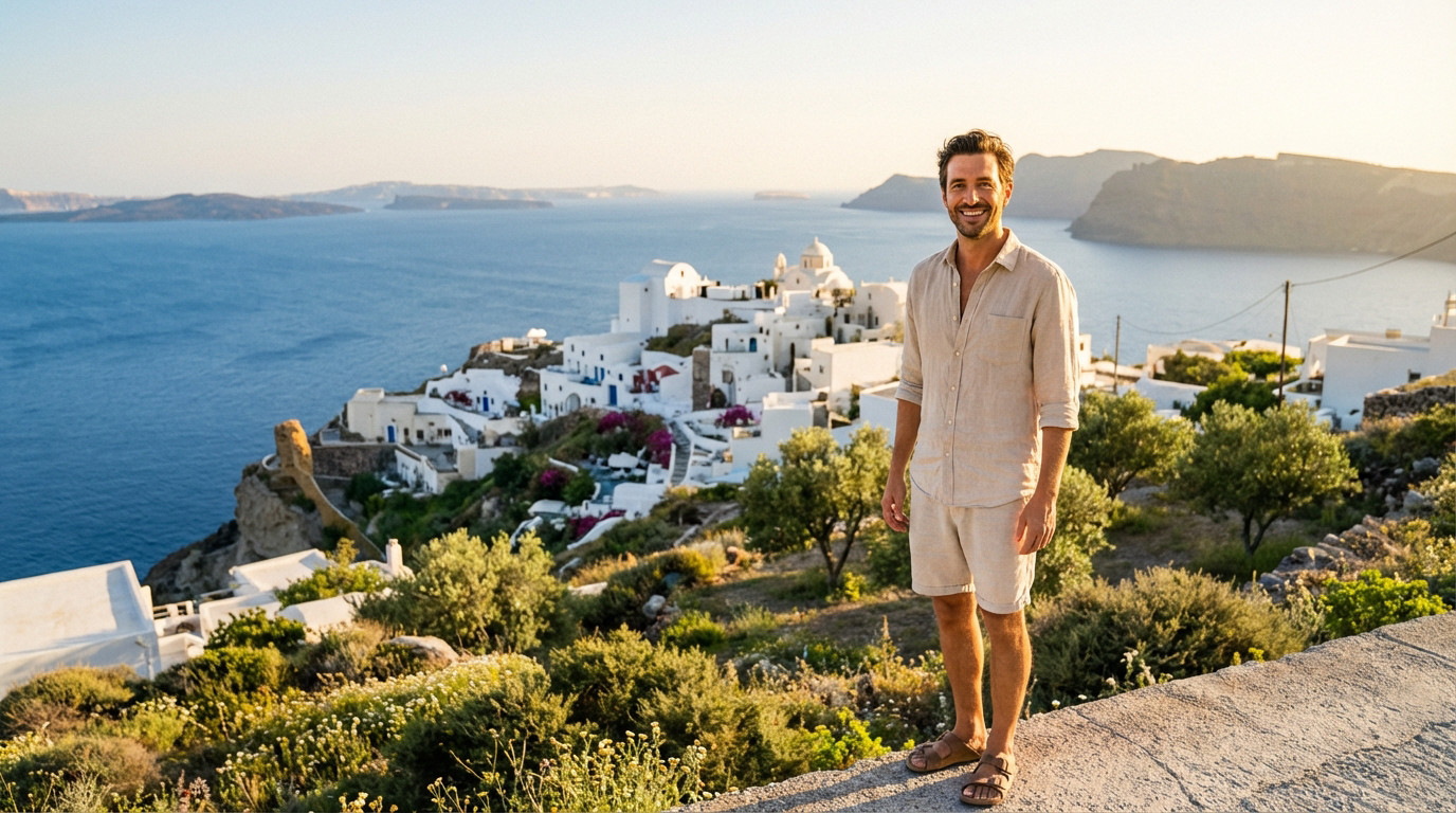Voyageuse face à la mer Égée dans les Cyclades sous un ciel bleu