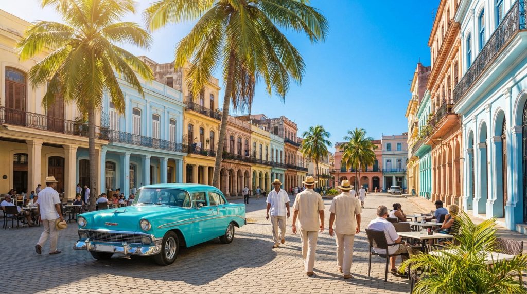 Vue d'une rue animée de La Havane avec bâtiments coloniaux colorés, palmiers, une voiture ancienne turquoise et des passants.