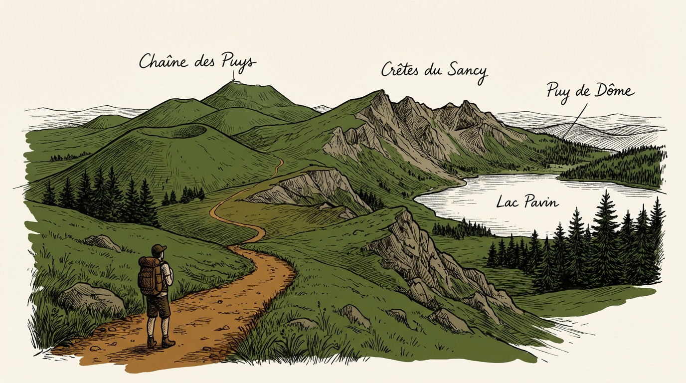 Panorama sur les crêtes volcaniques et les dômes de la Chaîne des Puys en Auvergne