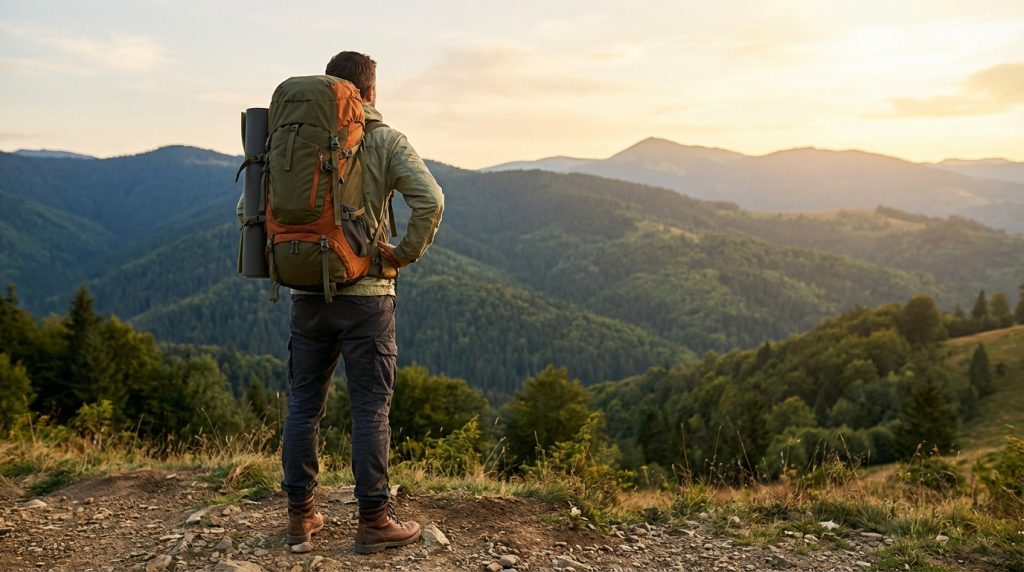 Vue de dos d'un homme en randonnée, sac à dos vert et orange, contemplant un paysage montagneux verdoyant au coucher du soleil.