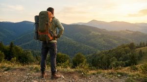 Vue de dos d'un homme en randonnée, sac à dos vert et orange, contemplant un paysage montagneux verdoyant au coucher du soleil.
