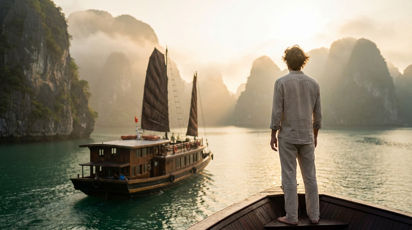 Lever de soleil mystique sur les pics karstiques de la baie d'Ha Long au Vietnam