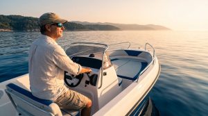 A confident man in a cap and sunglasses steers a white and blue motorboat on calm waters towards a golden horizon.