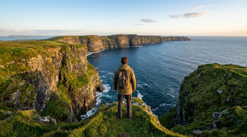 Vue arrière d'un voyageur avec sac à dos admirant l'océan et les falaises de Moher en Irlande au coucher du soleil.