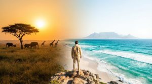 Voyageur face à un paysage composite: savane avec éléphants et girafes au lever/coucher du soleil, et plage avec océan et Montagne de la Table.