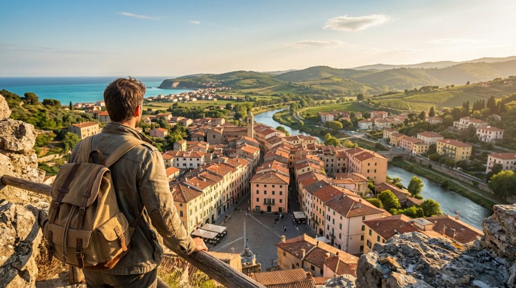 Man with backpack views a charming European town with terracotta roofs, a river, green hills, and distant coastline under a warm, sunny sky.