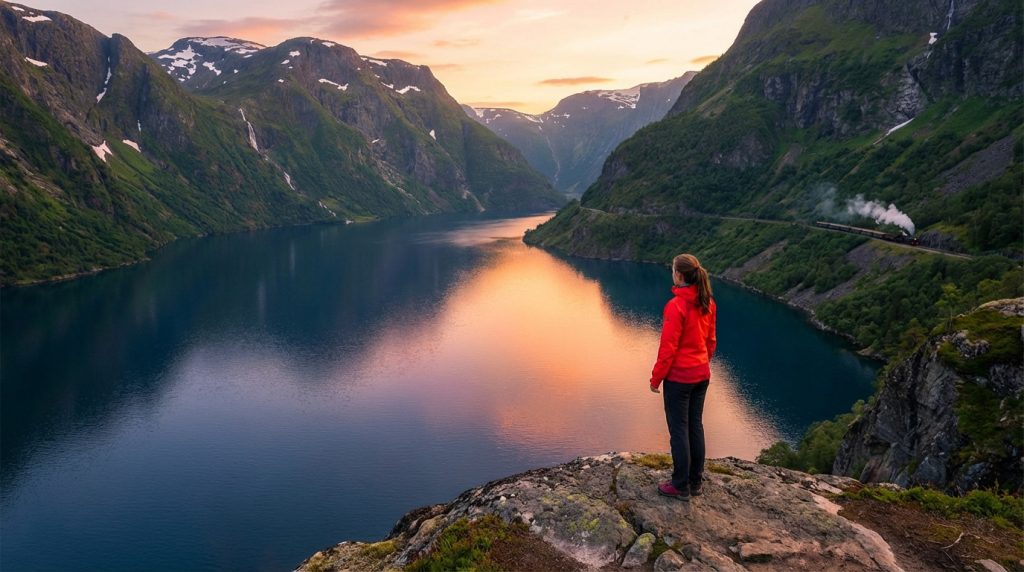 Femme en veste rouge contemplant un fjord norvégien au coucher du soleil, avec un train à vapeur traversant le paysage.