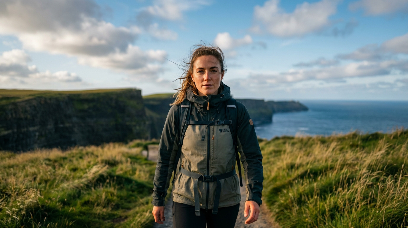 Randonneuse solitaire face à l'immensité de l'océan sur un sentier côtier