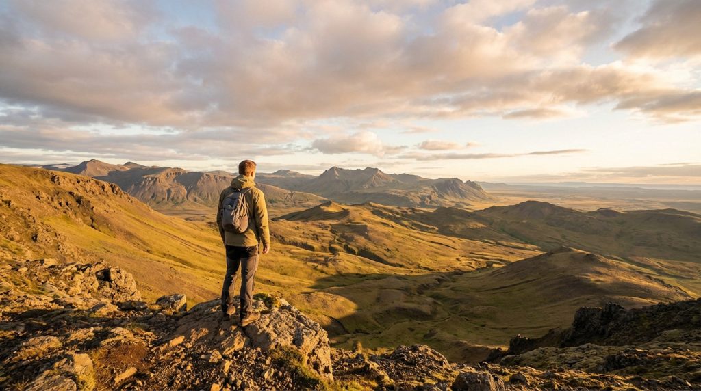 Homme avec un sac à dos, debout sur une crête rocheuse, admirant un vaste paysage montagneux et vallonné sous un ciel nuageux au coucher du soleil.