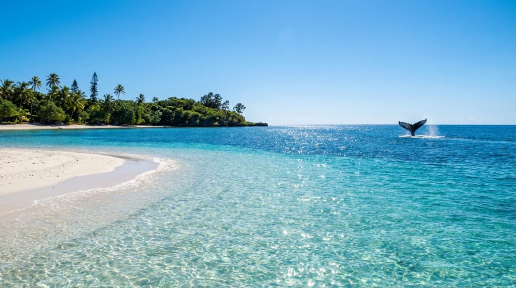 Vue d'une plage de sable blanc bordée d'eaux turquoise en Nouvelle-Calédonie, avec une queue de baleine sortant de l'océan.
