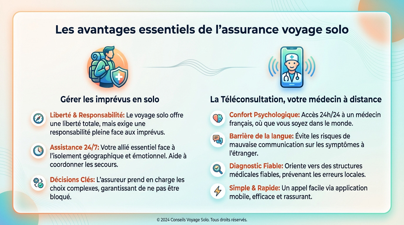 Voyageuse solo en montagne consultant son assistance médicale sur smartphone