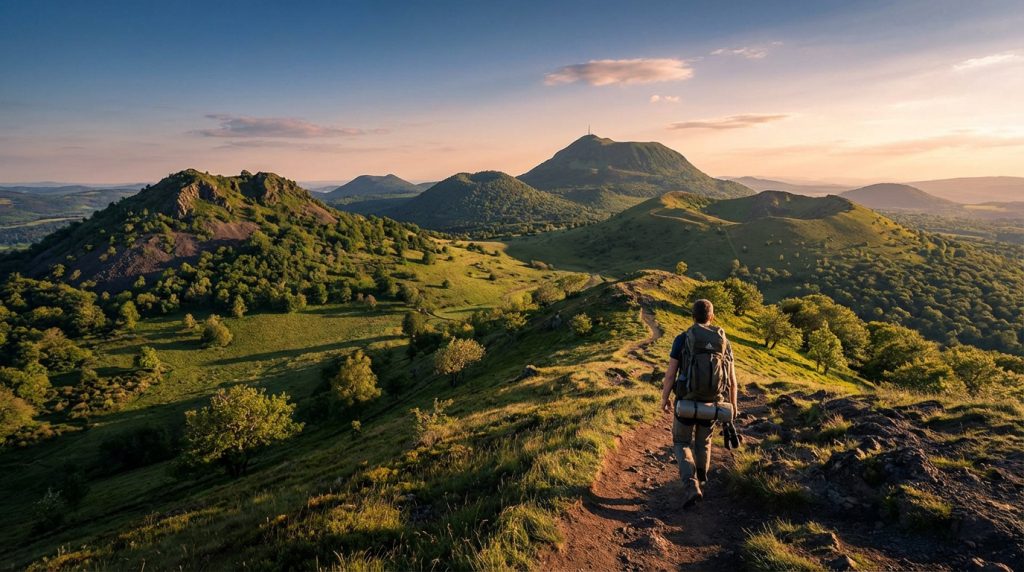 Vue arrière d'un randonneur solitaire avec sac à dos sur un sentier en crête, face à de nombreux volcans d'Auvergne verdoyants sous un ciel au soleil couchant.