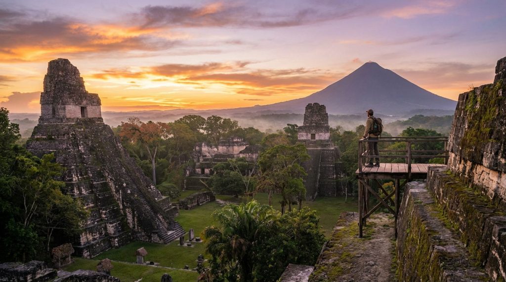 Voyageur observant l'aube orangée sur les temples mayas de Tikal au Guatemala, avec un volcan majestueux en arrière-plan et la jungle.