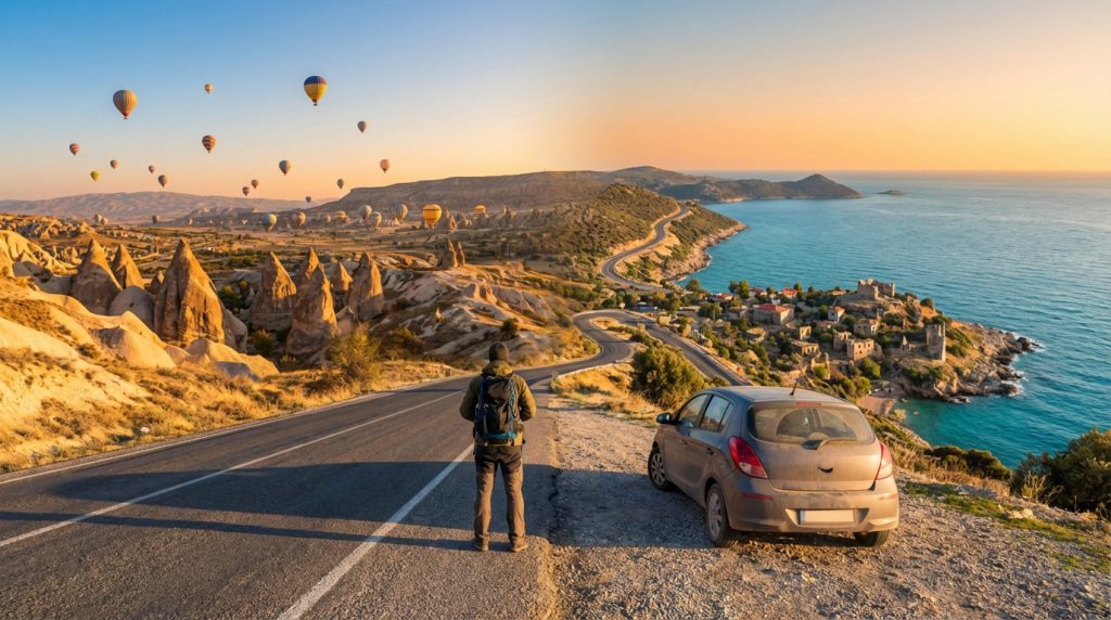Un voyageur avec sac à dos sur une route. À gauche, montgolfières sur la Cappadoce. À droite, une voiture et la côte méditerranéenne turquoise.