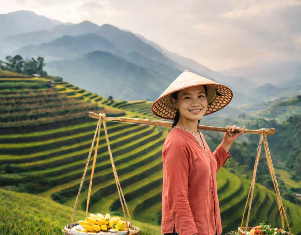 jeune fille devant un paysage de rizières au Vietnam