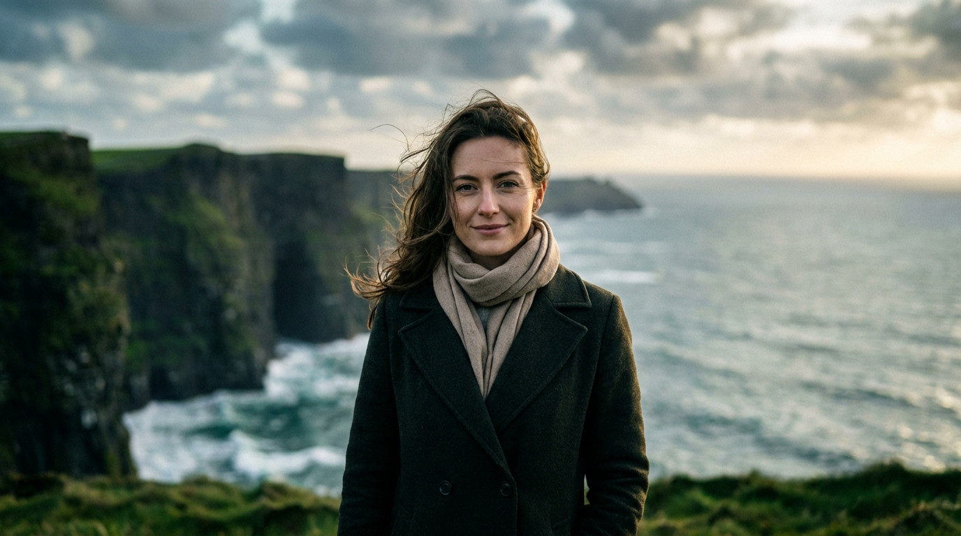Voyageuse seule contemplant les falaises de Moher au coucher du soleil en Irlande