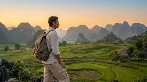 Un voyageur avec sac à dos contemple des rizières en terrasses, des montagnes karstiques et des maisons traditionnelles au coucher du soleil au Vietnam.