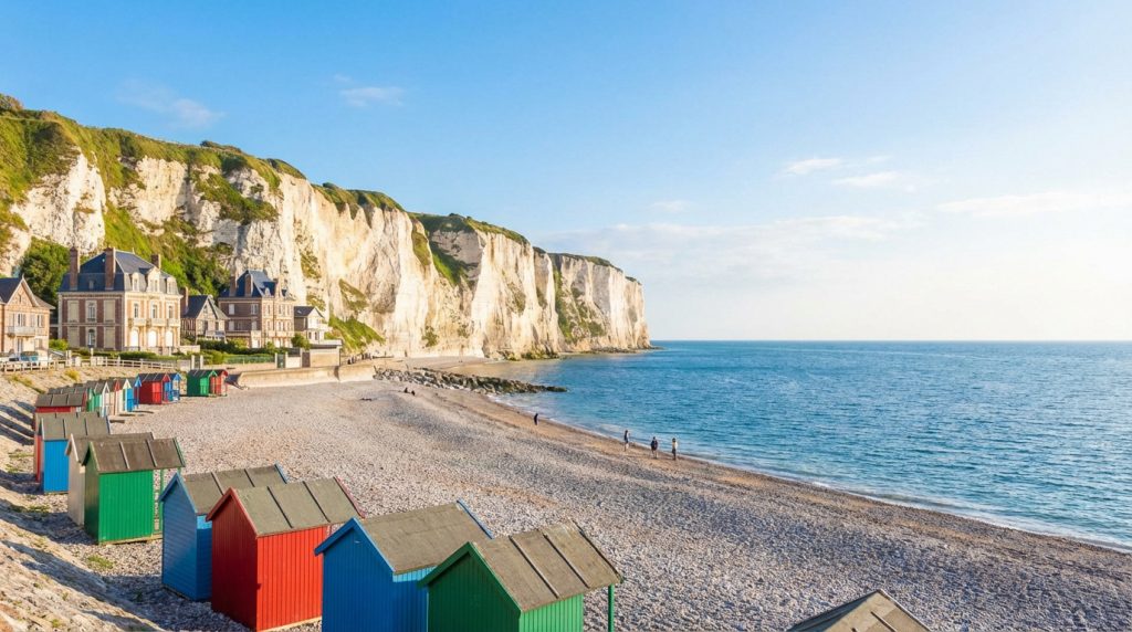 Plage de galets d'Yport avec des cabanes colorées. De majestueuses falaises blanches et des villas bordent le rivage sous un ciel clair.