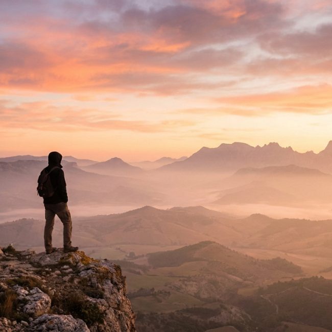 Personne solitaire avec sac à dos sur un sommet rocheux, admirant un vaste paysage montagneux brumeux sous un ciel orangé et rose.