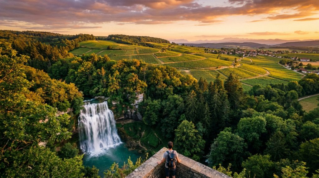 Homme admirant les cascades du Hérisson entourées de forêts et vignobles du Jura au coucher du soleil, avec un village lointain.