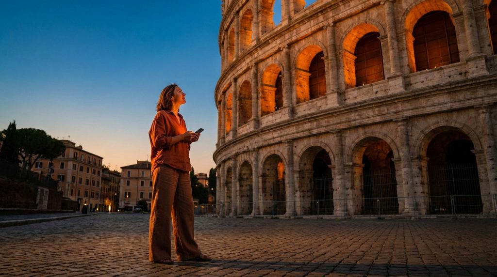 Femme admirant le Colisée de Rome au lever du soleil, tenant un téléphone. La lumière chaude éclaire les arches.