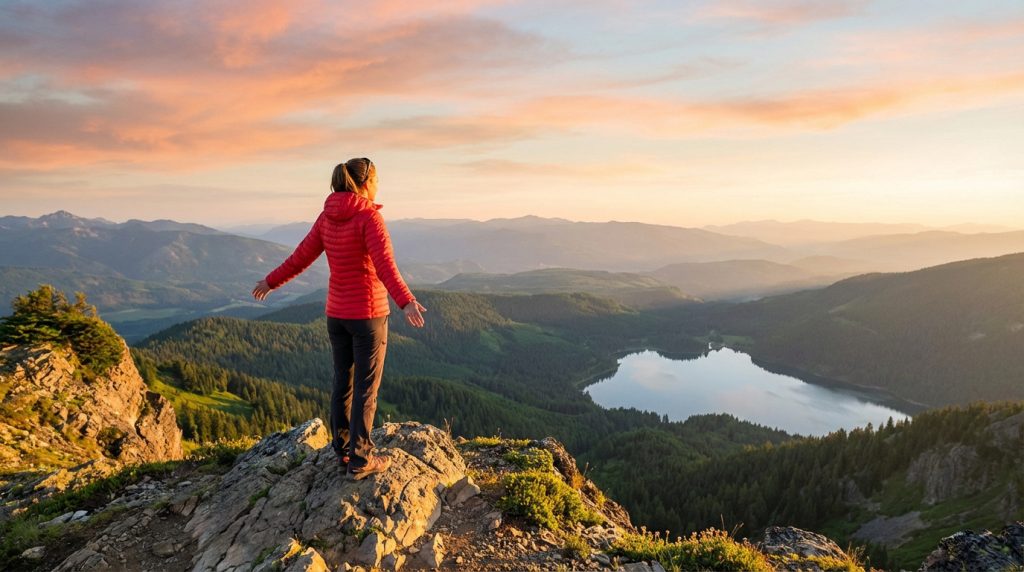 Femme sur un pic rocheux admirant un lac et des montagnes forestières sous un coucher de soleil aux couleurs pastel.