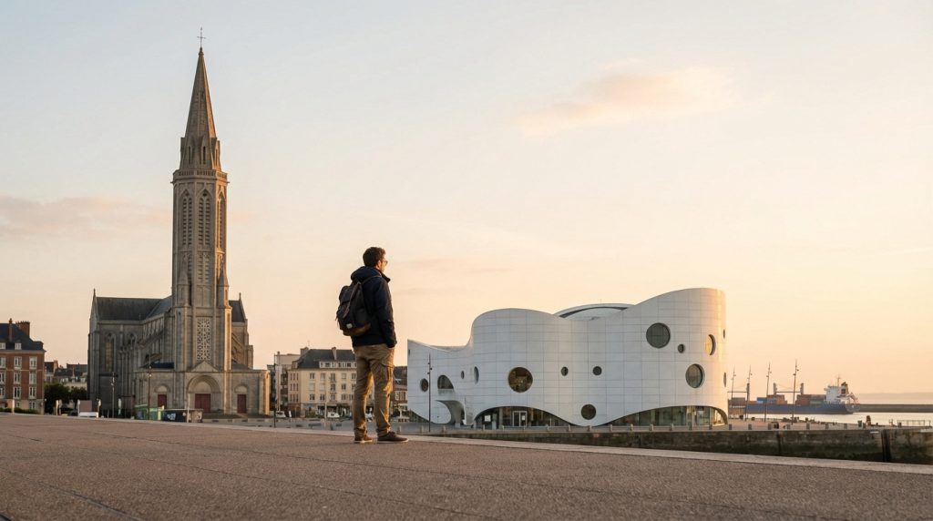 Un homme de dos avec un sac à dos contemple le MuMa et l'église Saint-Joseph du Havre au lever ou coucher du soleil. Un navire est visible au loin.