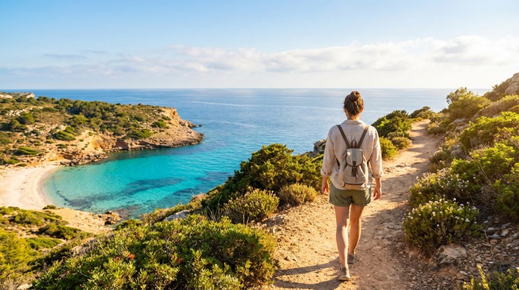 Une randonneuse solitaire sur un chemin côtier surplombant une magnifique crique aux eaux turquoise et une plage de sable.